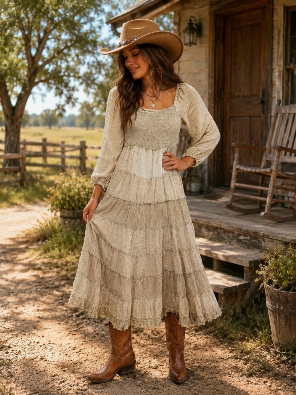 Smocked Square-Neck Tiered Midi Dress in Cream